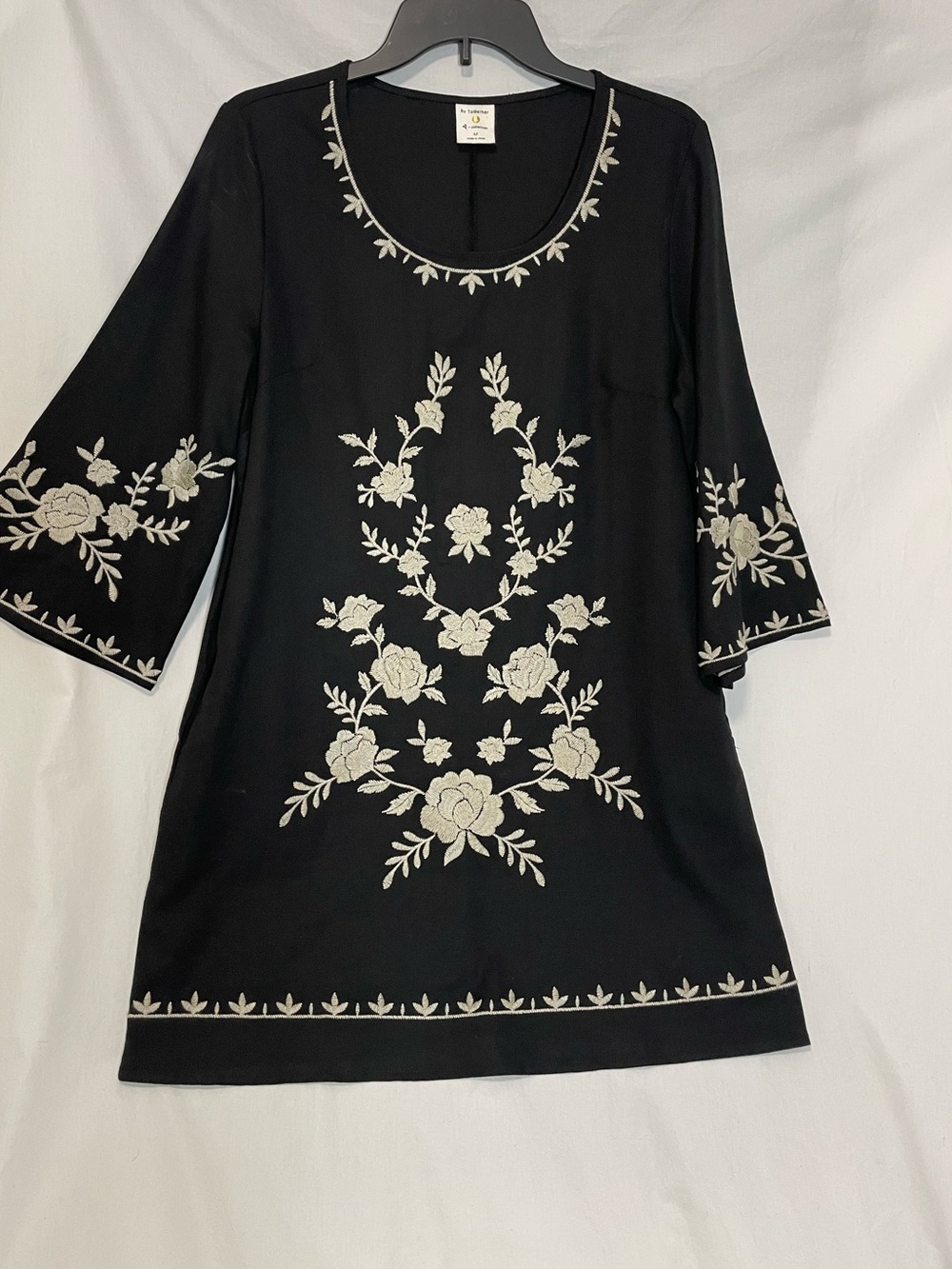 By Together + Collection Black Boho Shift Dress with Neutral Embroidery, Med